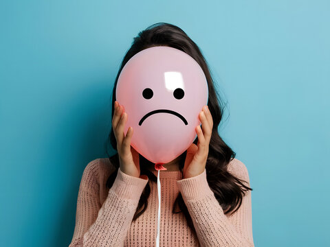Mujer escondida detr&aacute;s de un globo con una cara triste dibujada sobre fondo azul concepto de salud mental