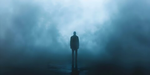 Shadowy figure in mist symbolizes mental health struggle and inner darkness. Concept Mental Health, Inner Darkness, Shadowy Figure, Symbolism, Mist