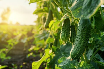 Close-up of Ripe Cucumbers on Vine in Sunny Field - Perfect for Agricultural and Gardening Designs