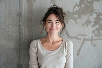 Fototapeta premium Portrait of a glad woman in her 30s sporting a long-sleeved thermal undershirt isolated in bare concrete or plaster wall