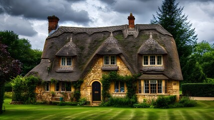 Obraz premium Charming Thatched Cottage in a Lush Green Garden