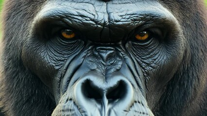 Capture the intense stare and detailed facial features of a gorilla up close, showcasing expressive eyes and textured skin. Perfect for wildlife enthusiasts and nature documentaries