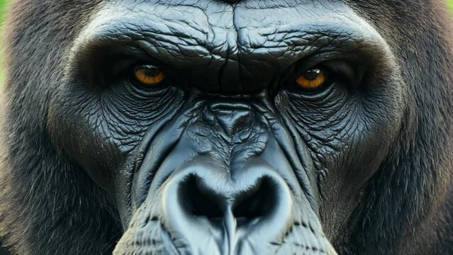 Capture the intense stare and detailed facial features of a gorilla up close, showcasing expressive eyes and textured skin. Perfect for wildlife enthusiasts and nature documentaries