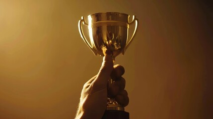 First Place Victory Trophy in Hand Under Glowing Light - Perfect for Awards and Celebrations Themes