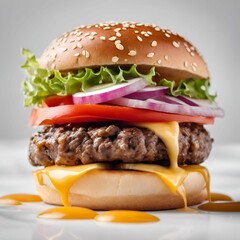 AI-generated illustration of a delicious cheeseburger with lettuce, tomato, onion, and melted cheese