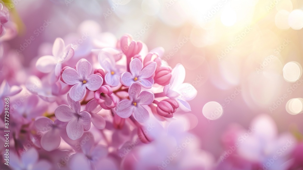 Wall mural Delicate pink lilac flowers, with a beautifully blurred background bathed in soft sunlight