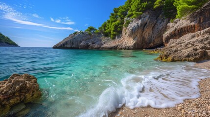 Obraz premium Rocky coastline on a pristine beach with crystal clear turquoise water