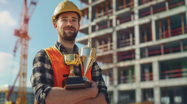Proud Construction Worker Holding First Place Trophy on Building Site - Achievement and Success