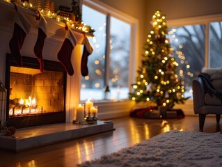 Naklejka premium cozy christmas hearth warmly lit living room with a crackling fireplace decorated christmas tree and stockings soft focus fairy lights and a snowy window view creating a festive ambiance