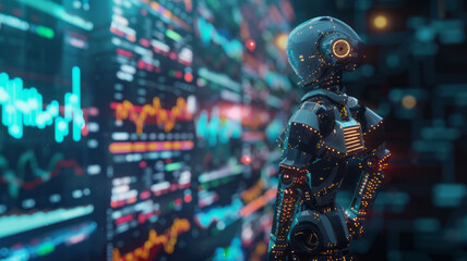 trading robot standing and analyzing the crypto trading graph, symbolizing the graph growth up and artificial intelligence for stock market analysisgenerative ai