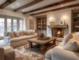 cozy farmhouse living room warm earthy tones rustic wooden beams plush furniture soft lighting inviting fireplace glow
