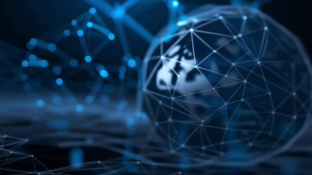 A digital network globe representing global connections, technology, and data exchange in a futuristic blue environment.