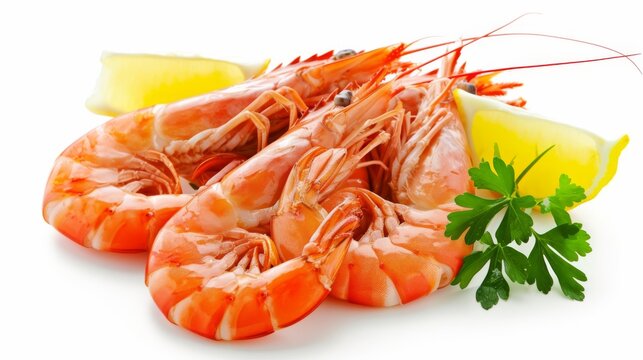 A mouth-watering arrangement of cooked prawns crevettes isolated on a pristine white background