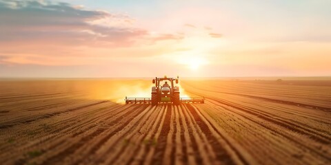 Fototapeta premium Aerial view of tractor plowing fields at sunset showcasing modern farming technology. Concept Agricultural Innovation, Modern Farming, Sunset Scenery, Aerial Photography, Tractor Technology