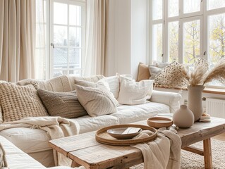 Fototapeta premium cozy scandinavian living room neutral tones with pops of warmth featuring a plush sofa wooden coffee table with styled tray and large windows letting in soft natural light