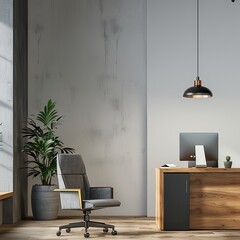 modern office interior with desk in front of the empty wall