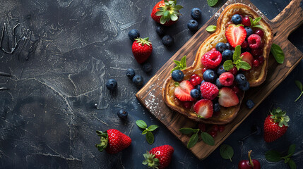 National French Toast Day concept. Delicious stack of French toast with fresh strawberries, blueberry, berries, honey and maple syrup on dark background. Copy space area for text