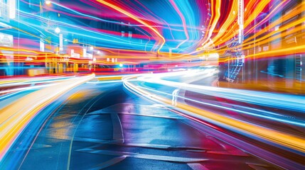 A city street at night with vibrant light trails from cars and streetlights