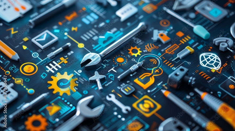 Poster versatile screwdriver with floating icons representing multifunctional applications