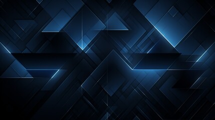 Abstract digital art with glowing blue geometric shapes against a dark background. The design features intersecting lines and layers, creating a sense of depth and dimension. Horizontal illustration w