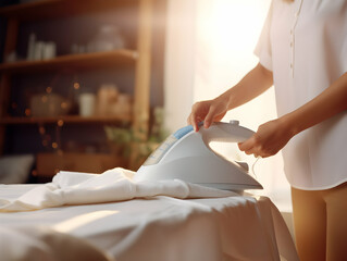 Laundry service, Ironing on clothes, hygiene and cleaning clothes on washing machine, Housekeeping lifestyle, housework concept, Laundry and dry cleaning business