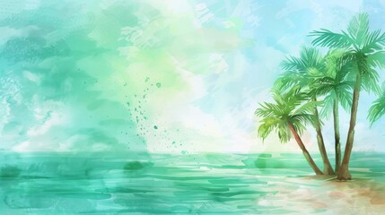 Fototapeta premium summer banner. Illustration of a serene tropical beach scene with palm trees, a turquoise sea, and a clear sky, rendered in a soft watercolor style