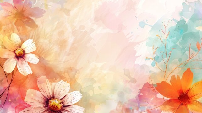 banner. Delicate watercolor illustration of soft pink and red flowers blooming in a dreamy, pastel-hued garden. soft focus