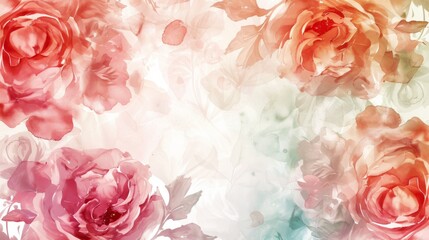 banner. Delicate watercolor illustration of soft pink and red flowers blooming in a dreamy, pastel-hued garden. soft focus. copy space