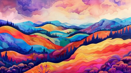 Vivid abstract landscape illustration with rolling hills and mountains in a riot of colors under a spectacular sky
