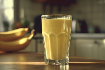 Refreshing banana smoothie sitting on a table in a sunlit kitchen