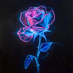 Neon Glowing Rose in Dark Background, Futuristic Floral Art