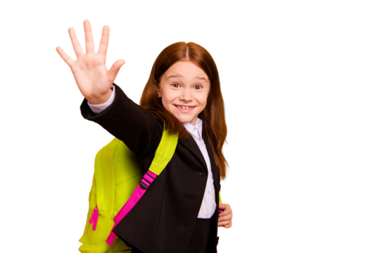 Close-up portrait of nice attractive lovely cheerful confident positive pre-teen girl learner wearing jacket blazer giving high five well done best isolated over beige pastel background
