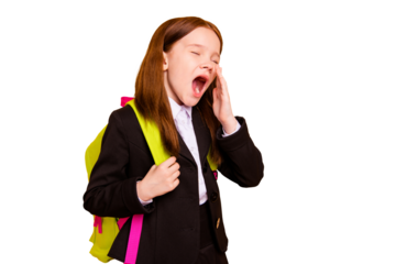 Portrait of nice attractive lovely tired bored hard-working pre-teen girl learner wearing jacket blazer boredom class course isolated over beige pastel background