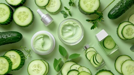 Detailed Skincare Regimen Poster Featuring Cucumber-Based Products for Card, Poster, or Print Design