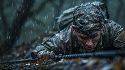 A man in a military uniform is climbing a rope in the rain