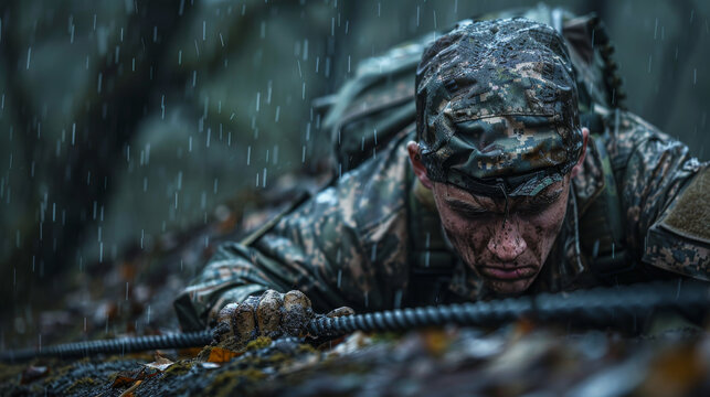 A man in a military uniform is climbing a rope in the rain