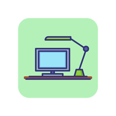 Workplace line icon. Computer, desk, lamp. Desk job concept. Can be used for topics like office equipment, workspace, seated activity