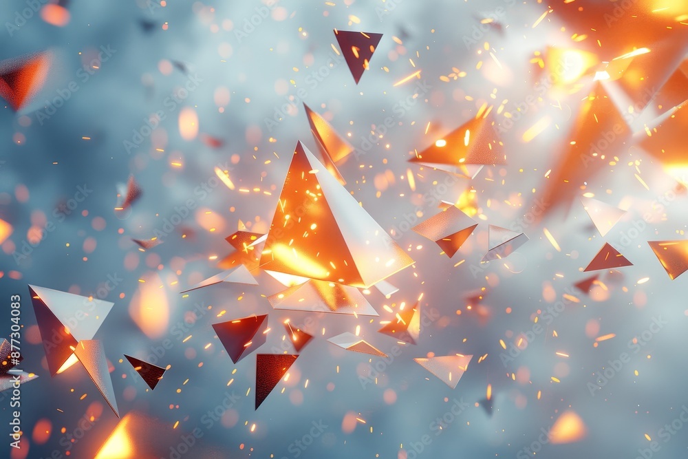 Poster flying polygonal pyramids in empty space. abstract 3d rendering. bokeh background.