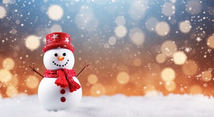 Festive snowman with red hat and scarf against a snowy, bokeh background.