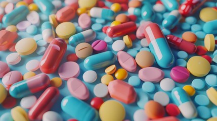 Lots of colorful pharmaceutical tablets and capsules, vitamins and various medicines.
