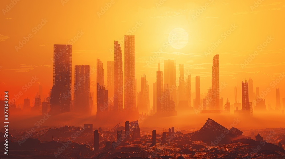 Poster the rendering shows futuristic architecture and a sunset-colored sunset cityscape. the rendering is 