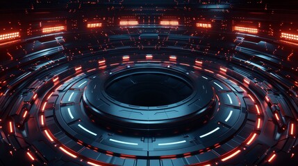 3D illustration of a futuristic helipad illuminated by red lights in a sci-fi hangar. Night scene of a scratched old metal lift.