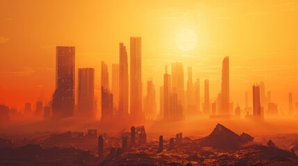 The rendering shows futuristic architecture and a sunset-colored sunset cityscape. The rendering is in 3D.