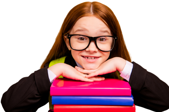 Close-up portrait of nice attractive lovely sweet cheerful cheery intellectual pre-teen girl nerd learner pile stack book scientist isolated over beige pastel background