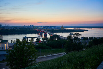 Evening view of Kanavinsky Bridge and Alexander Nevsky Cathedrall, Nizhny Novgorod, Russia