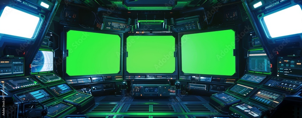 Poster futuristic spacecraft with glowing blue and red control panels and an empty view in a white interior