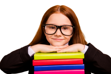 Close-up portrait of nice attractive lovely cheerful cheery confident pre-teen girl nerd learner scientist wearing jacket blazer holding pile stack book isolated over beige pastel background