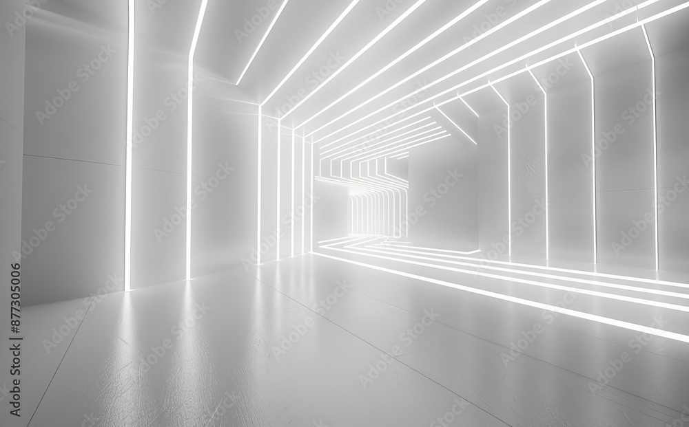 Poster 3d rendering of an indoor building with neon lights.