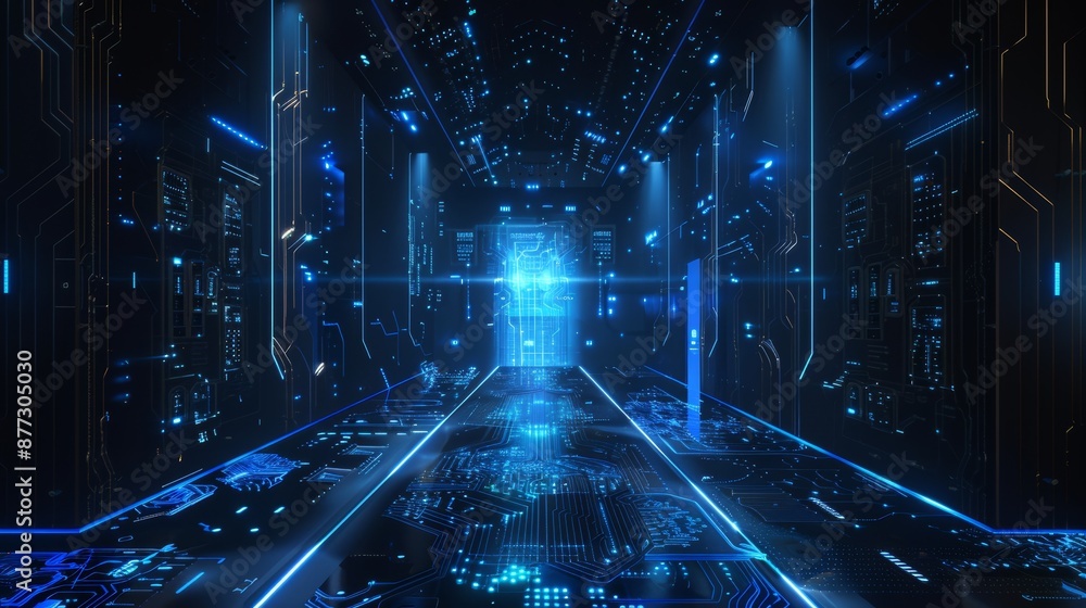 Poster generative ai technology abstract background with cyber screen and neon lights.