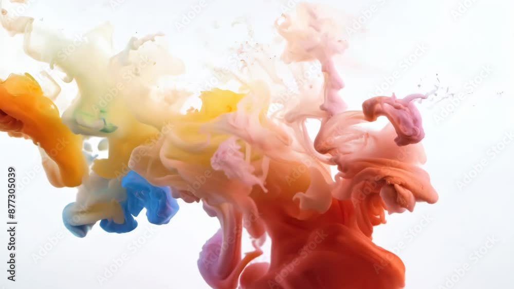 Poster vibrant ink clouds blend underwater, creating intricate patterns and gradients against a white backg